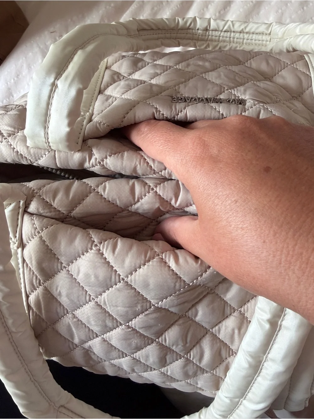 Light Taupe Quilted Tote Bag with Cream Trim
